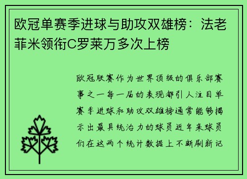 欧冠单赛季进球与助攻双雄榜：法老菲米领衔C罗莱万多次上榜