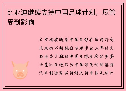 比亚迪继续支持中国足球计划，尽管受到影响